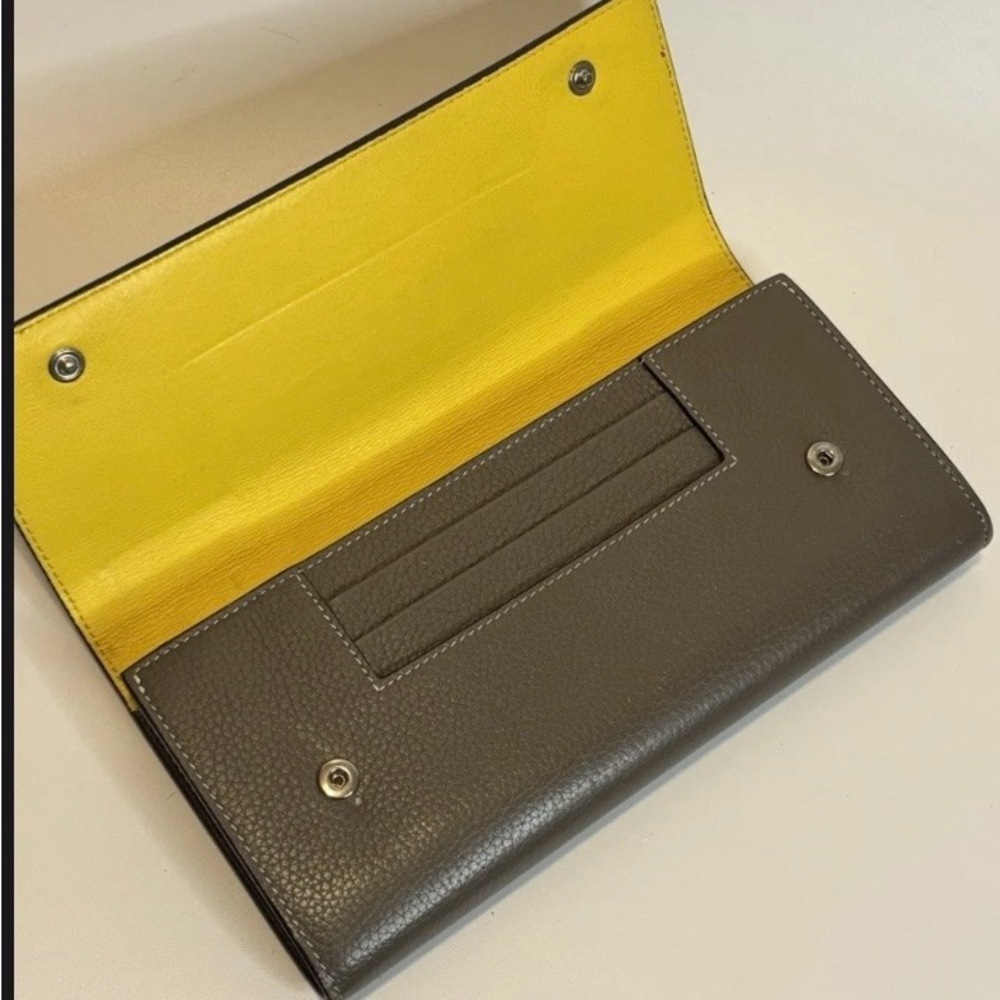 Celine Elephant Gray Leather Longline Wallet with Bright Yellow Interior EUC